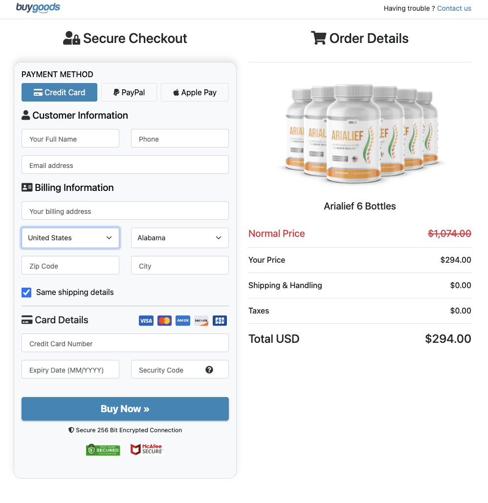 Arialief Secured Order Page